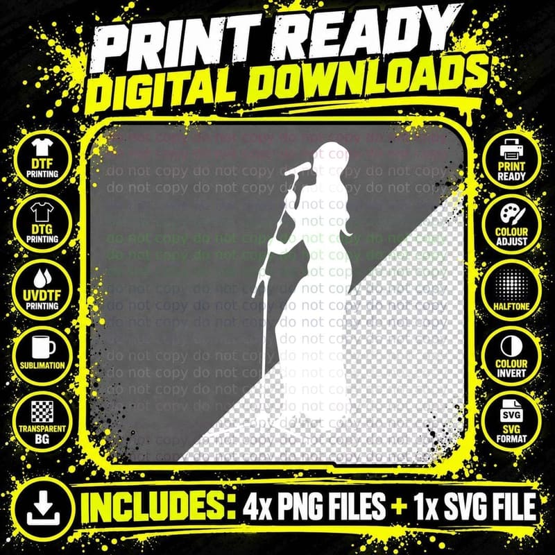 Female Singer Silhouette Black Woman Gown Mic Stand Wavy Png SVG Digital Bundle