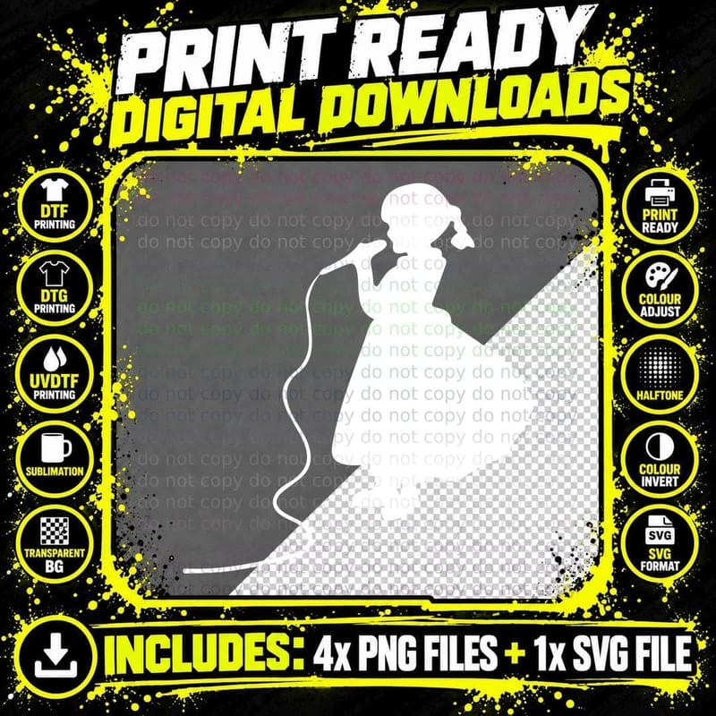 Girl Singer Silhouette Black Twirling Full Skirt Mic Png SVG Digital Bundle