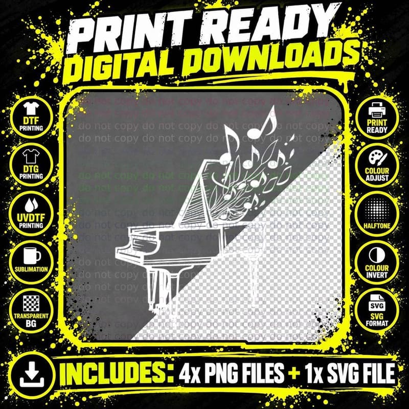 Grand Piano Treble Clef Musical Notes Minimalist Black Png SVG Digital Bundle