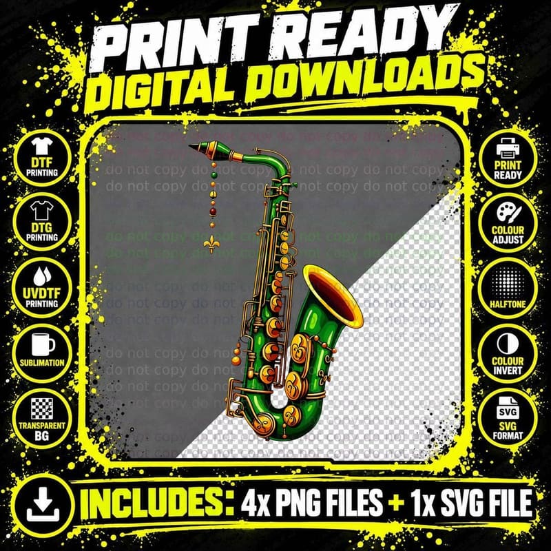 Green Saxophone with Gold Accents Mardi Gras T-Shirt Png SVG Digital Bundle