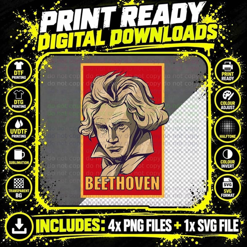 Ludwig Van Beethoven Portrait Pianist Piano Player Music Png SVG Digital Bundle