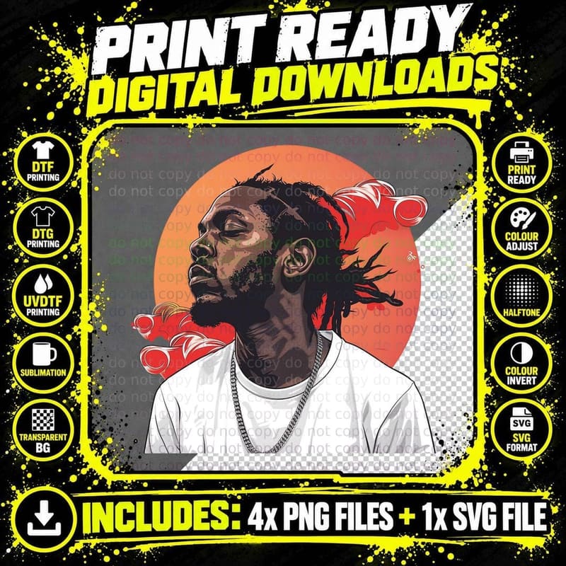 Male Rapper Profile Silhouette Dreadlocks Eyes Closed Png SVG Digital Bundle