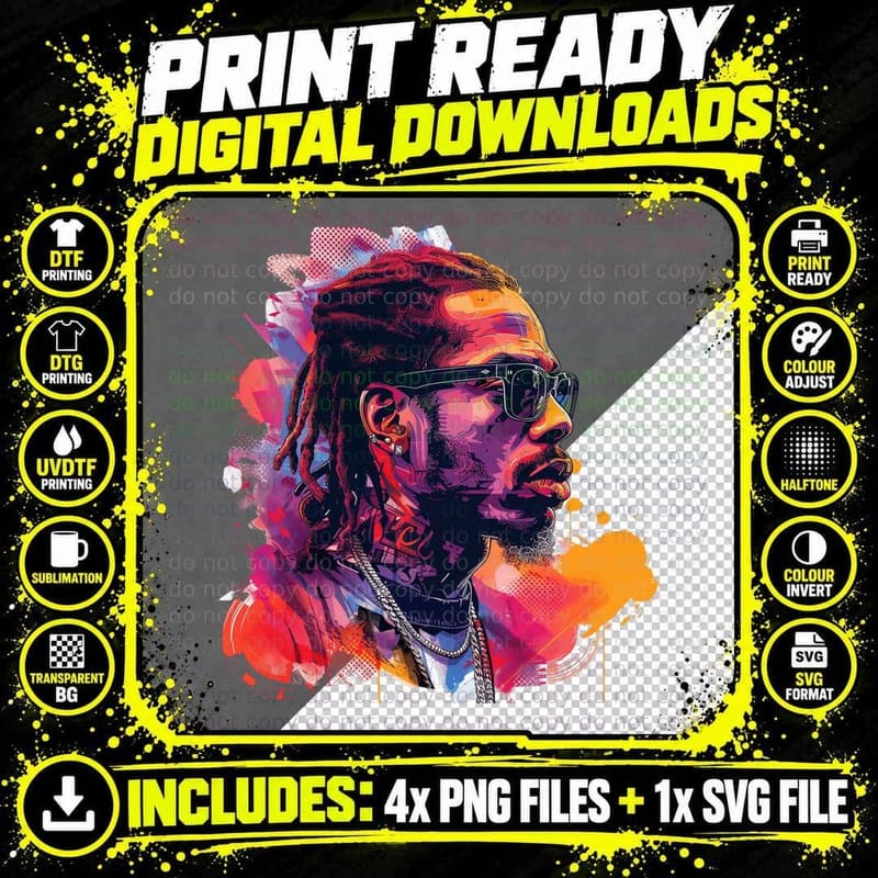 Male Rapper Side Profile Shoulder-Length Dreadlocks Dark Png SVG Digital Bundle