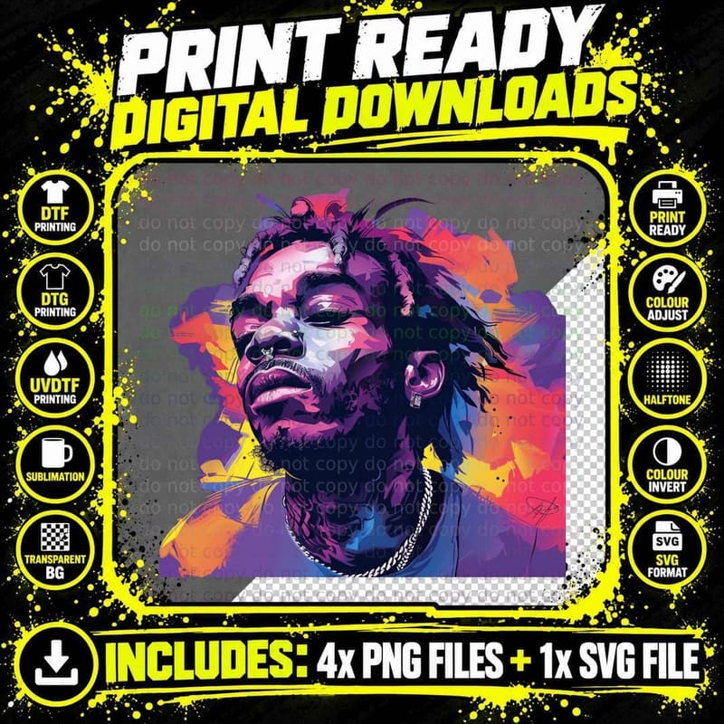 Male Rapper with Dreadlocks Eyes Closed Nose Ring Silver Png SVG Digital Bundle