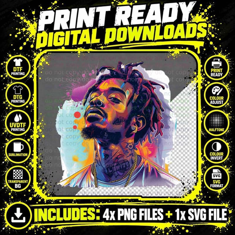 Male Rapper with Dreadlocks and Piercings Closed Eyes Png SVG Digital Bundle