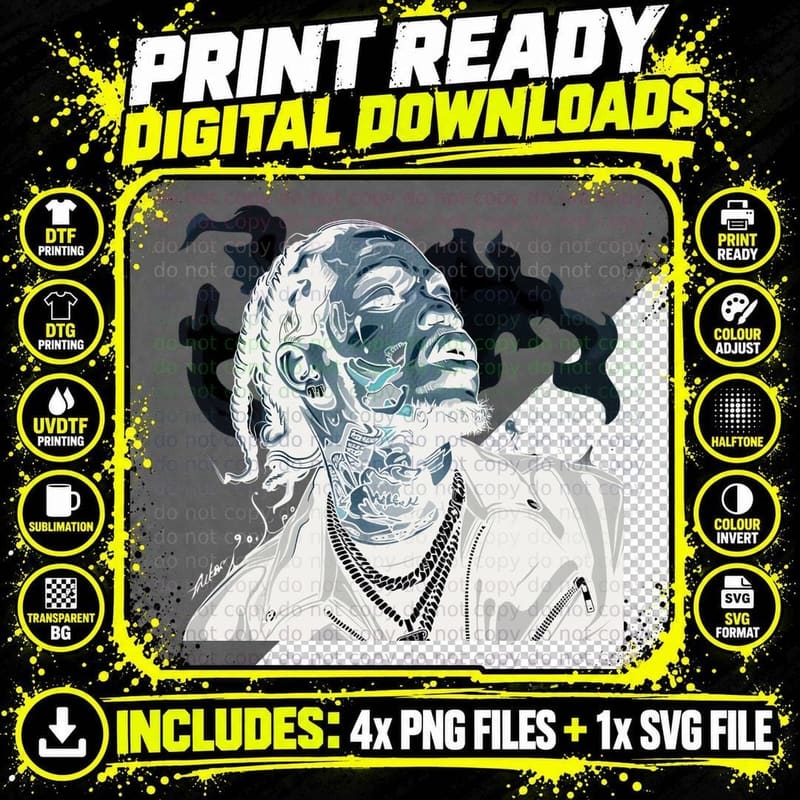 Male Rapper with Face Tattoos Braided Hair Smoke Png SVG Digital Bundle