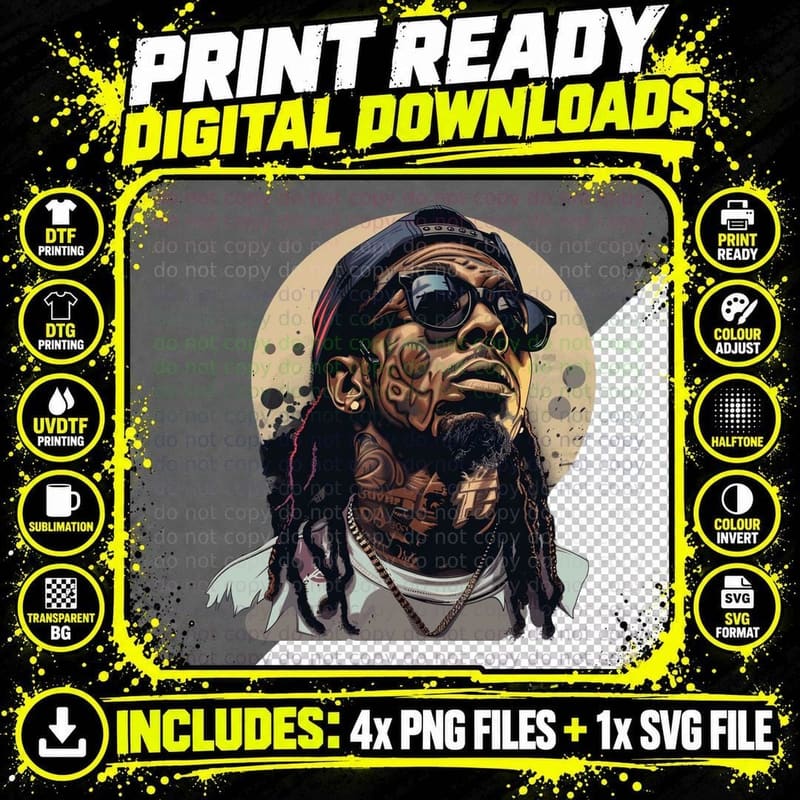 Male Rapper with Heavy Neck Tattoos Backwards Cap Png SVG Digital Bundle