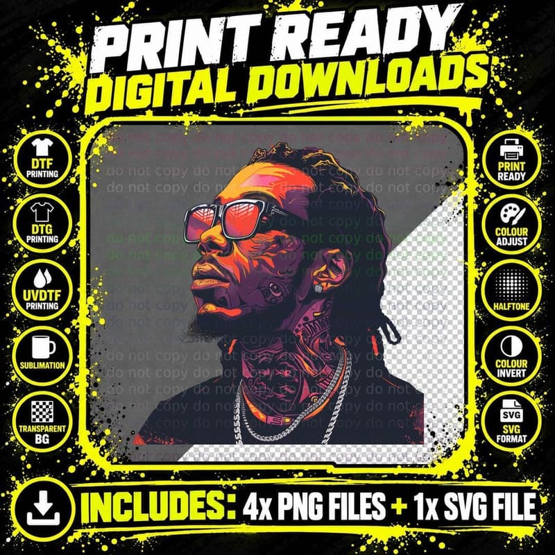 Male Rapper with Mirrored Sunglasses Dreadlocks Png SVG Digital Bundle