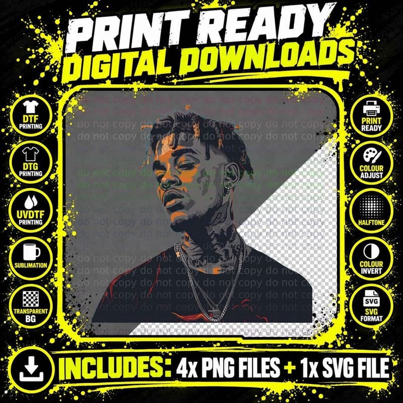 Male Rapper with Neck Tattoos Dreadlocks Pulled Back Png SVG Digital Bundle