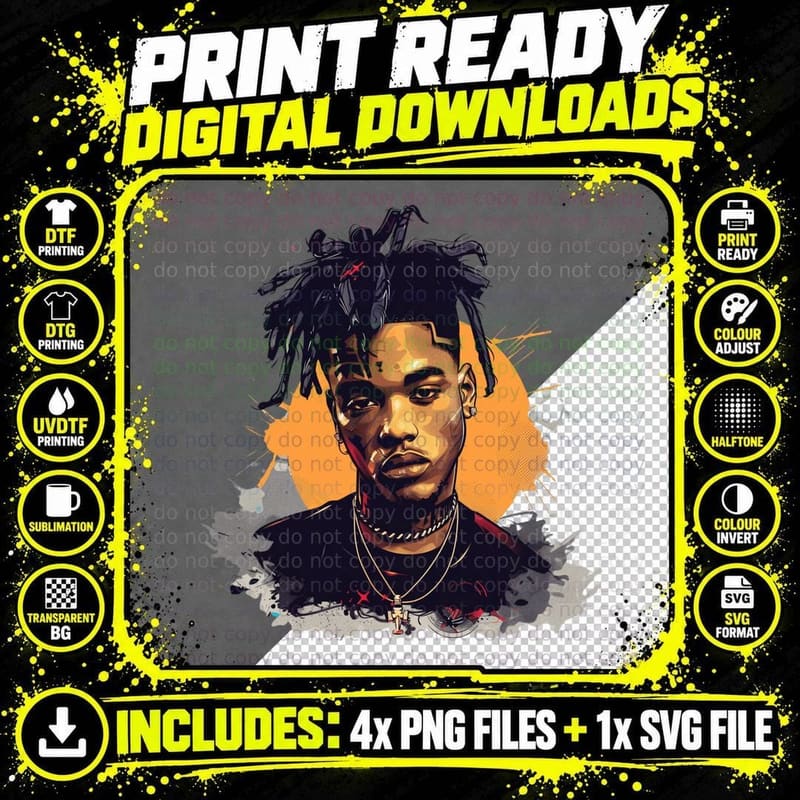 Male Rapper with Upswept Dreadlocks Face Tattoos Gold Png SVG Digital Bundle