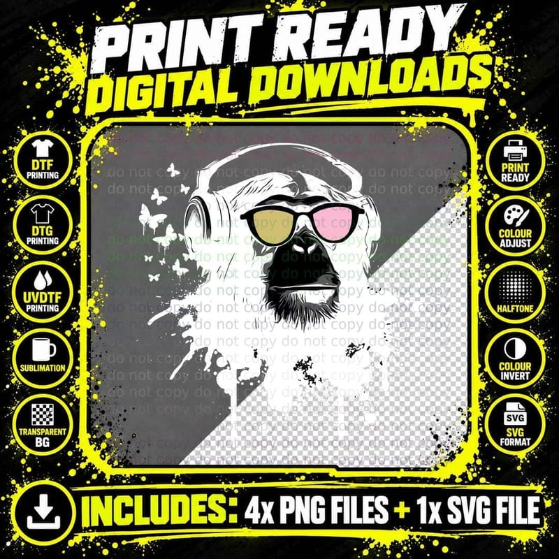 Monkey Listening to Music T-Shirt, Cool Sunglasses Png SVG Digital Bundle