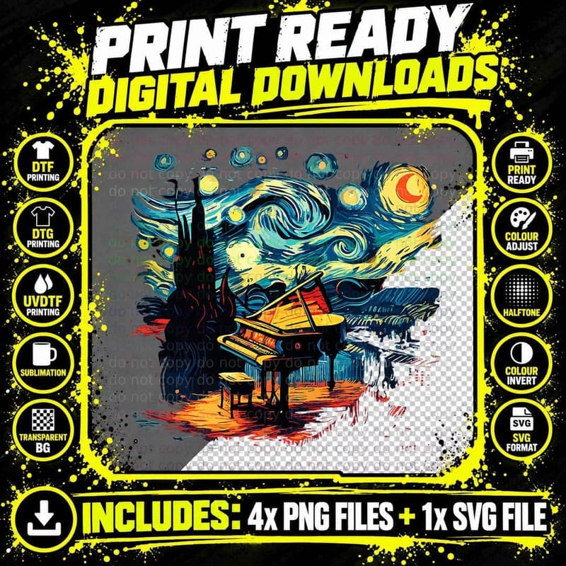 Music Art Style Starry Night Piano Musician T-Shirt Png SVG Digital Bundle