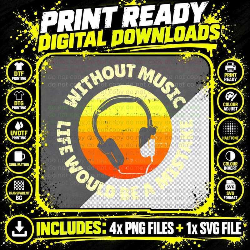 Music Without Life Would Be a Mistake Headphones Png SVG Digital Bundle