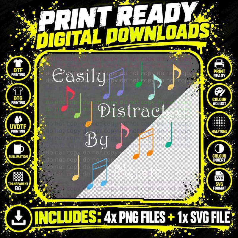 Musician Singer Distracted by Music Notes Art T-Shirt Png SVG Digital Bundle