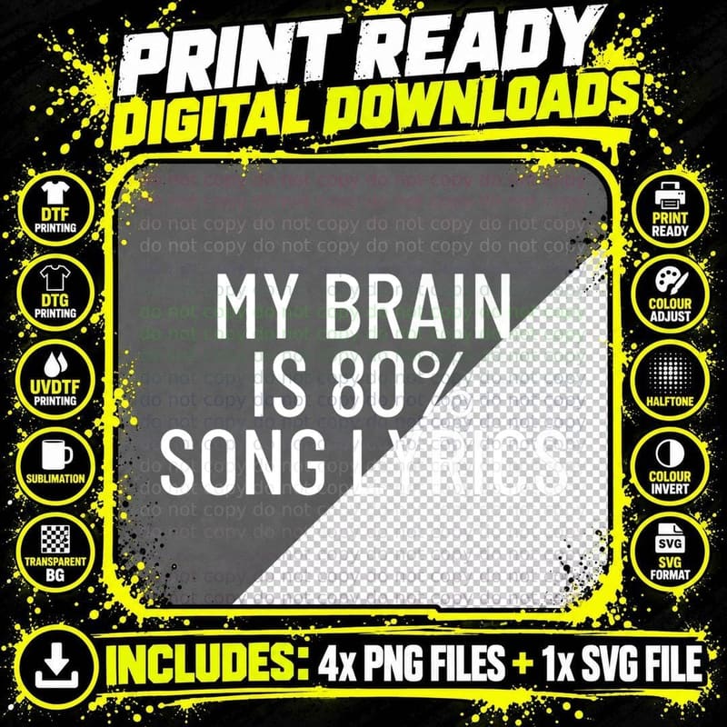 My Brain Is 80 Song Lyrics, Fashion Style T-Shirt Png SVG Digital Bundle