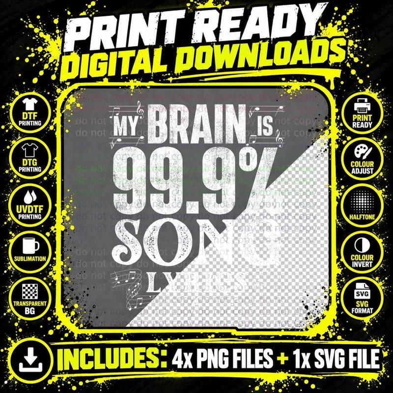 My Brain Is 99 Song Lyrics - Karaoke Party Musician Png SVG Digital Bundle