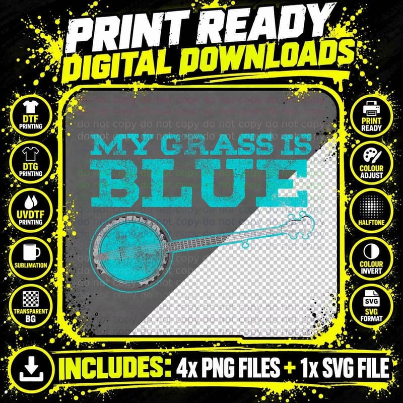My Grass Is Blue Design Banjo Player Gifts Bluegrass Png SVG Digital Bundle