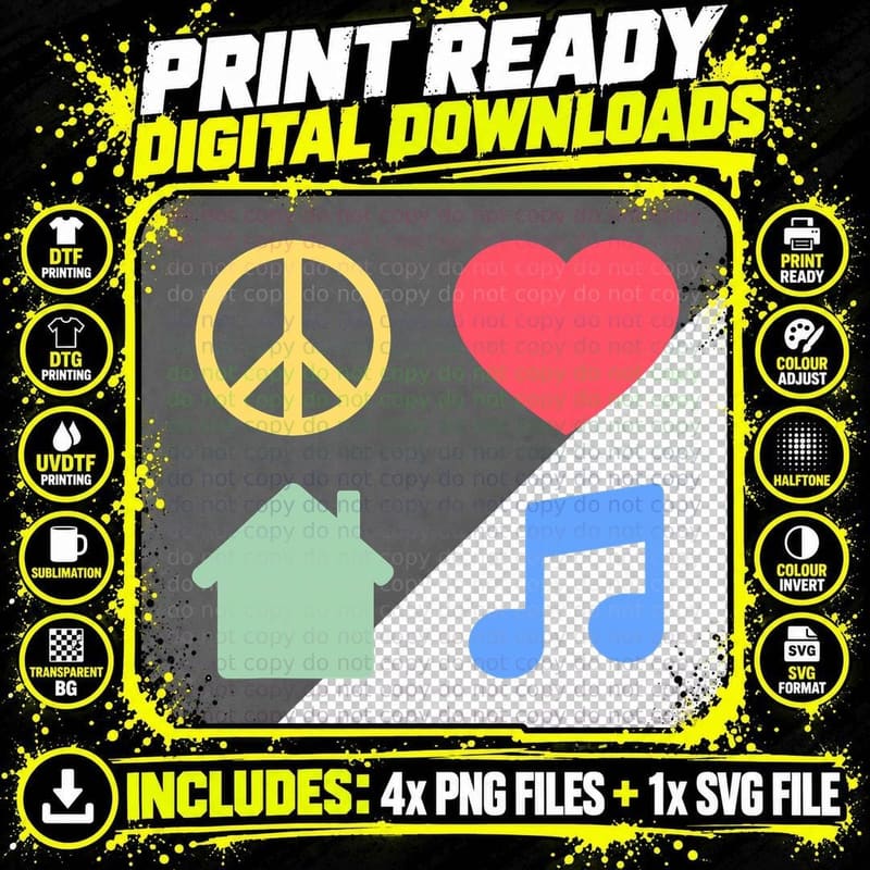 Peace Love House Music - EDM DJ Dance Music Househead Png SVG Digital Bundle