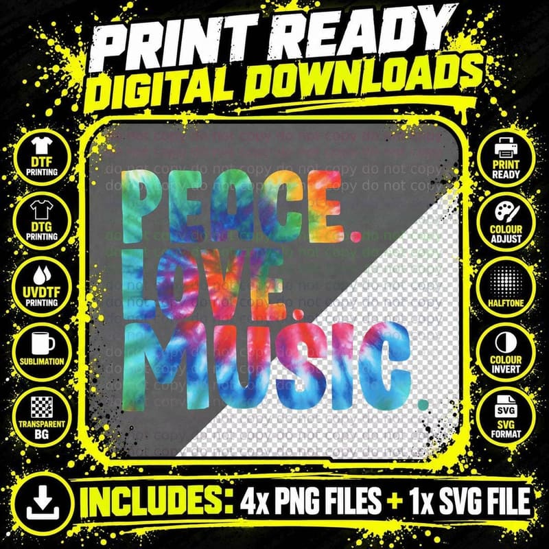 Peace Love Music Tie Dye T-Shirt Png SVG Digital Bundle