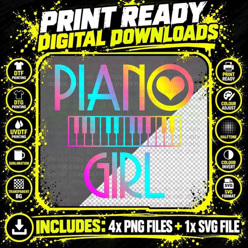 Piano Girl Musical Pianist Keyboard Cute T-Shirt Png SVG Digital Bundle