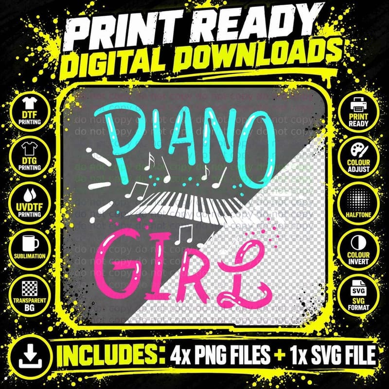 Piano Girl Pianist Music Notes Gift T-Shirt Png SVG Digital Bundle