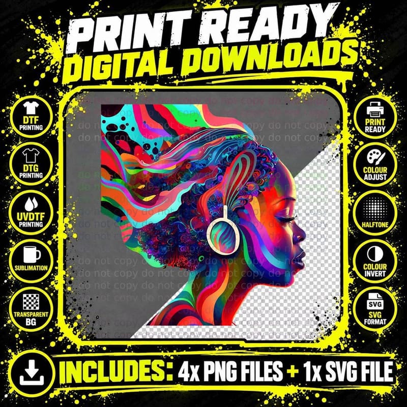 Psychedelic Art Black Woman Listening to Music Black Png SVG Digital Bundle