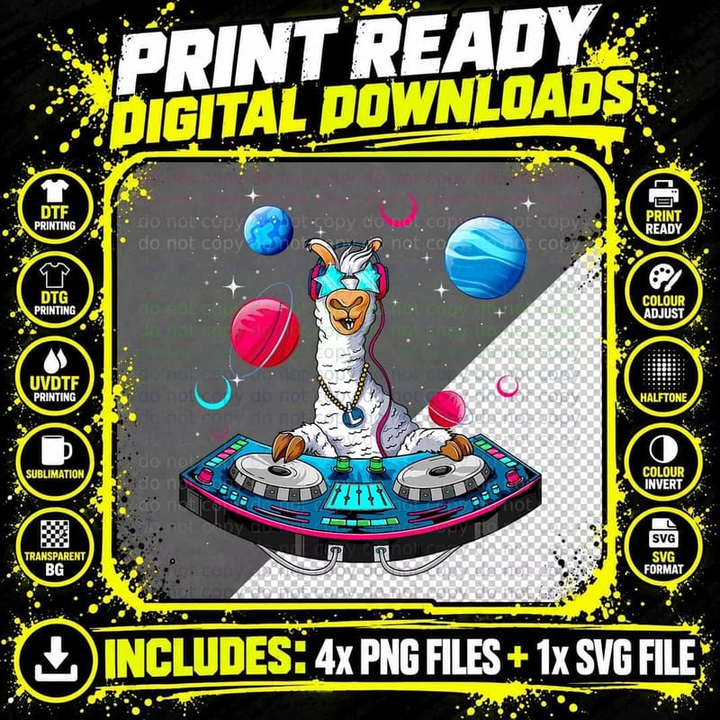 Psychedelic Llama DJ-EDM Raver Trance Music Festival Png SVG Digital Bundle