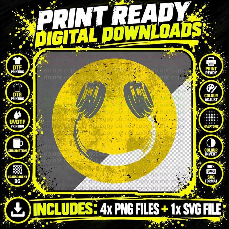 Smiley Music Face Headphones T-Shirt Png SVG Digital Bundle