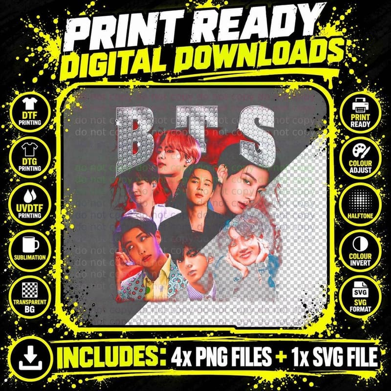 Bts K-Pop Members Red Pink Collage T-Shirt Png SVG Digital Bundle