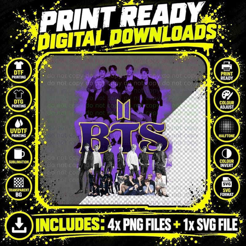 Bts K-Pop Purple Silhouette Group T-Shirt Png SVG Digital Bundle