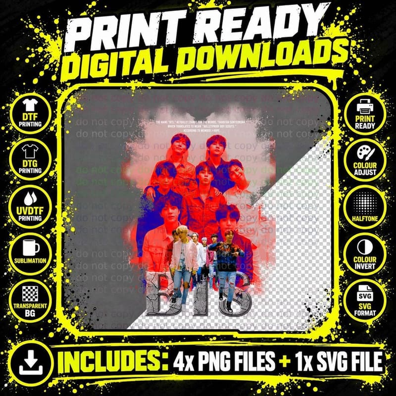 Bts K-Pop Red Blue Halftone Members T-Shirt Png SVG Digital Bundle