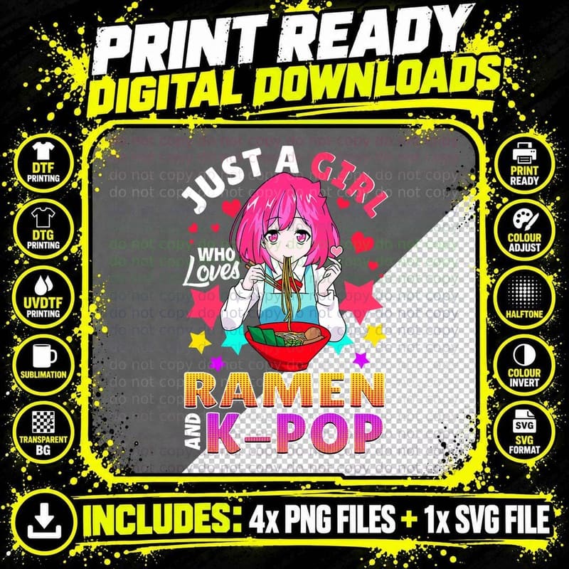 Cute Just a Girl Who Loves K-Pop and Ramen Girls Women Png SVG Digital Bundle