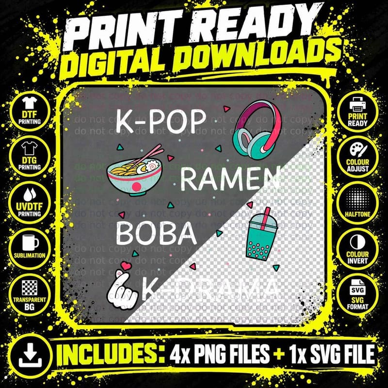 K-Pop Ramen Boba K-Drama Bubble Tea Korean Noodle Gift Png SVG Digital Bundle