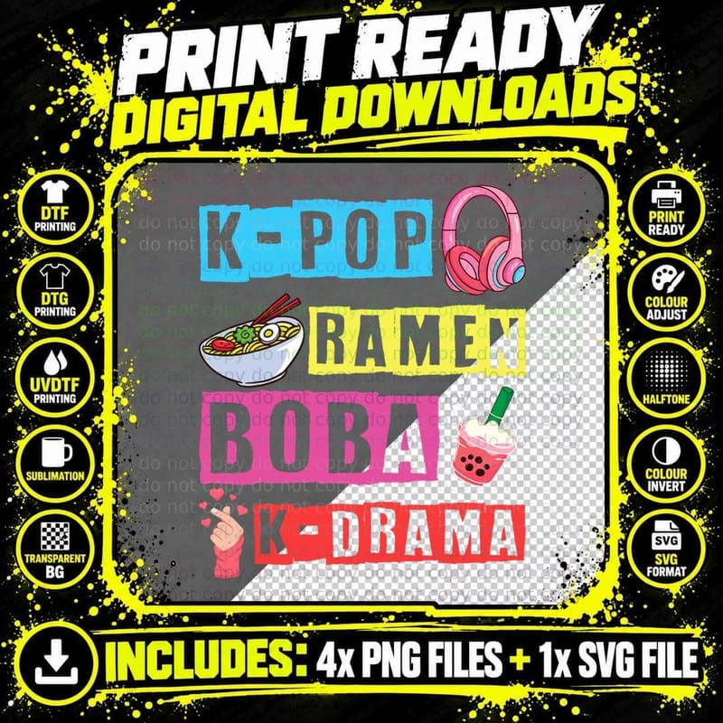 K-Pop Ramen Boba K-Drama Korean K-Pop T-Shirt Png SVG Digital Bundle