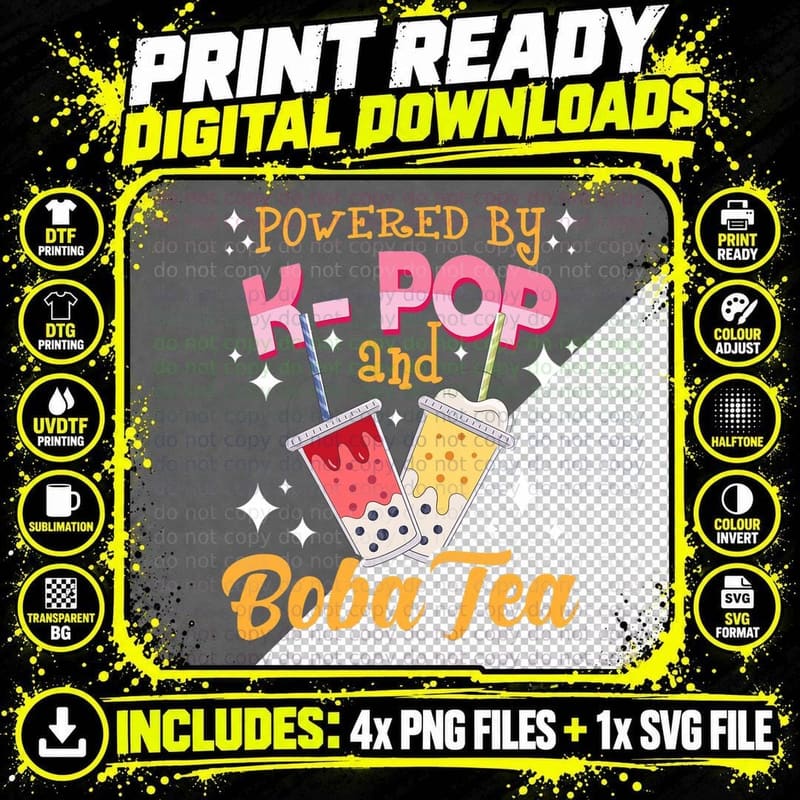 Powered by K-Pop and Boba Tea - Bubble Drink Tapioca Png SVG Digital Bundle