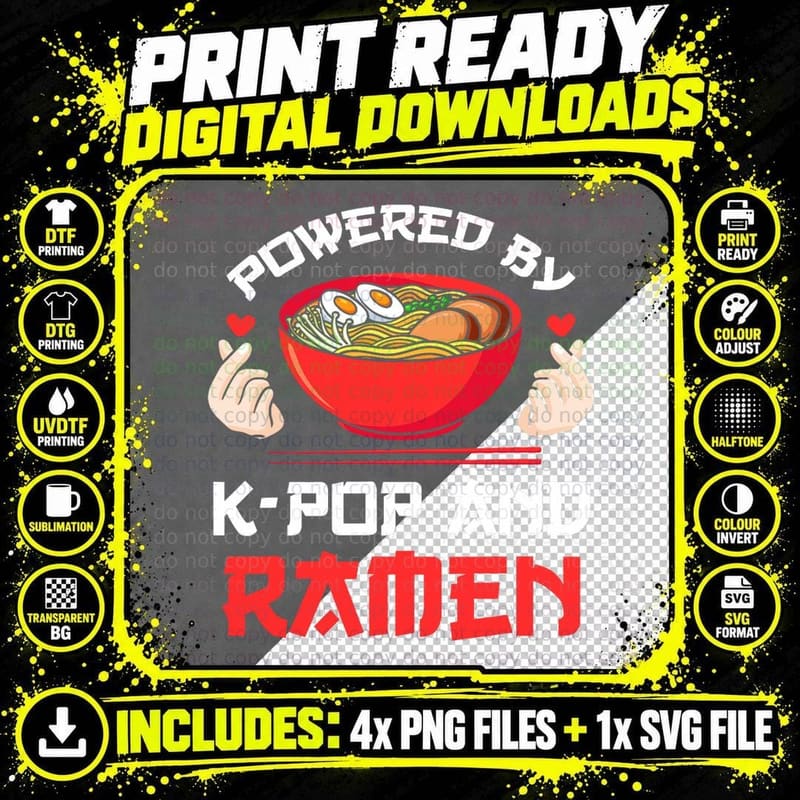 Powered by K-Pop and Ramen Kpop Merch Merchandise Gift Png SVG Digital Bundle