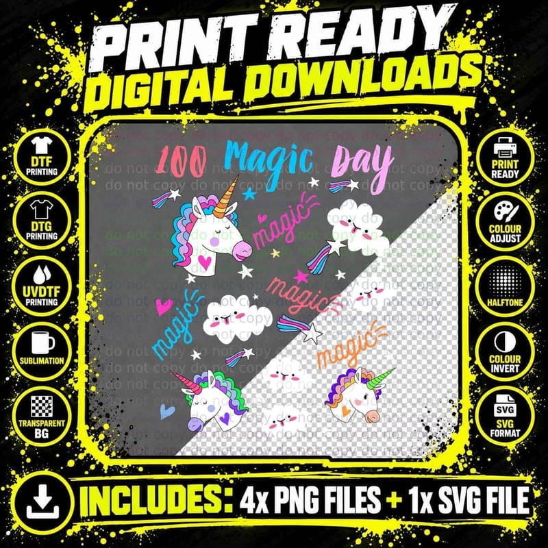 100 Magic Day Unicorn T-Shirt, Whimsical Fantasy Png SVG Digital Bundle