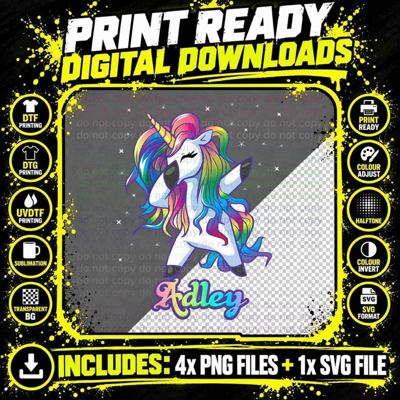 ADLEY Name Personalized Custom Rainbow Unicorn Dabbing Png SVG Digital Bundle