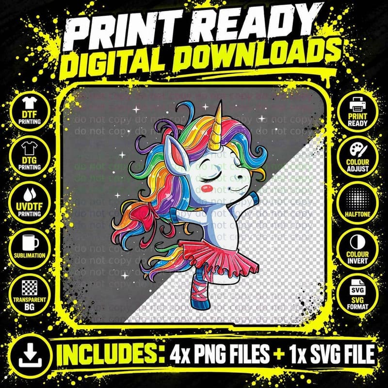 Ballet Dancer Unicorn T Kids Girls Rainbow Ballerina Png SVG Digital Bundle