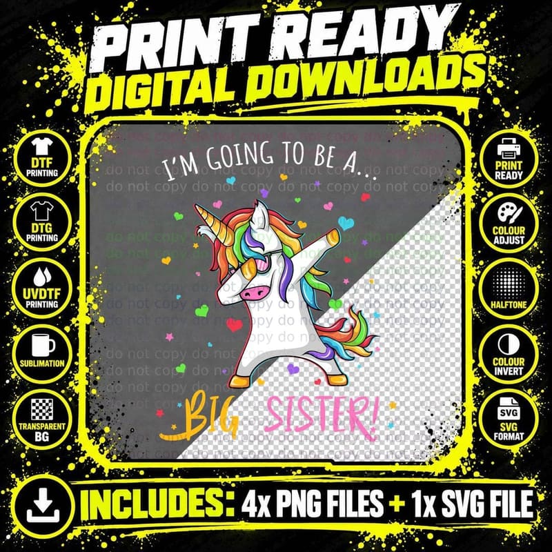 Big Sister Unicorn T-Shirt, Dabbing Rainbow Png SVG Digital Bundle