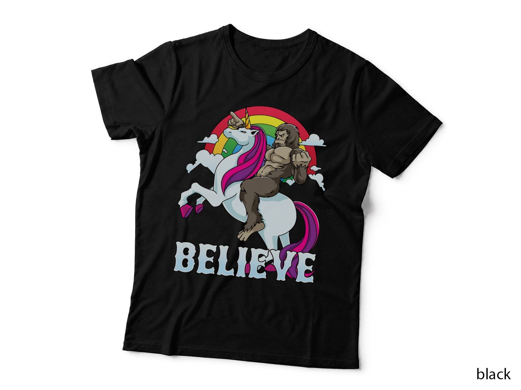 Bigfoot Riding Unicorn Rainbow Sasquatch Believe Gift T-Shirt