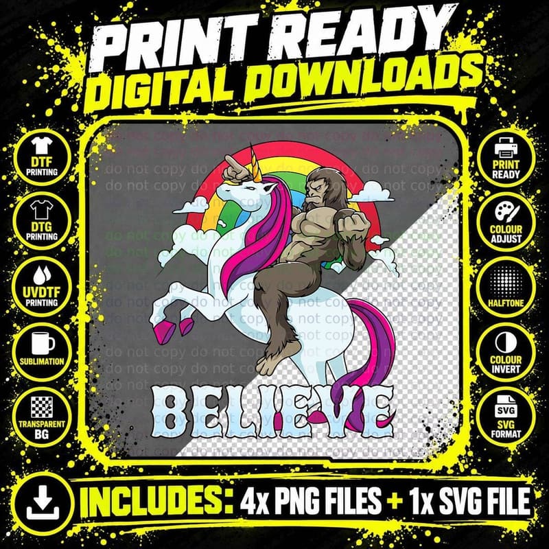 Bigfoot Riding Unicorn Rainbow Sasquatch Believe Gift Png SVG Digital Bundle