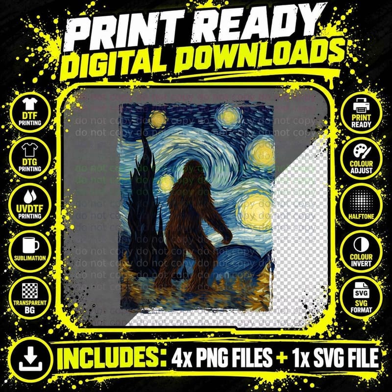 Bigfoot Shirts for Men Women - Bigfoot Starry Night Van Png SVG Digital Bundle