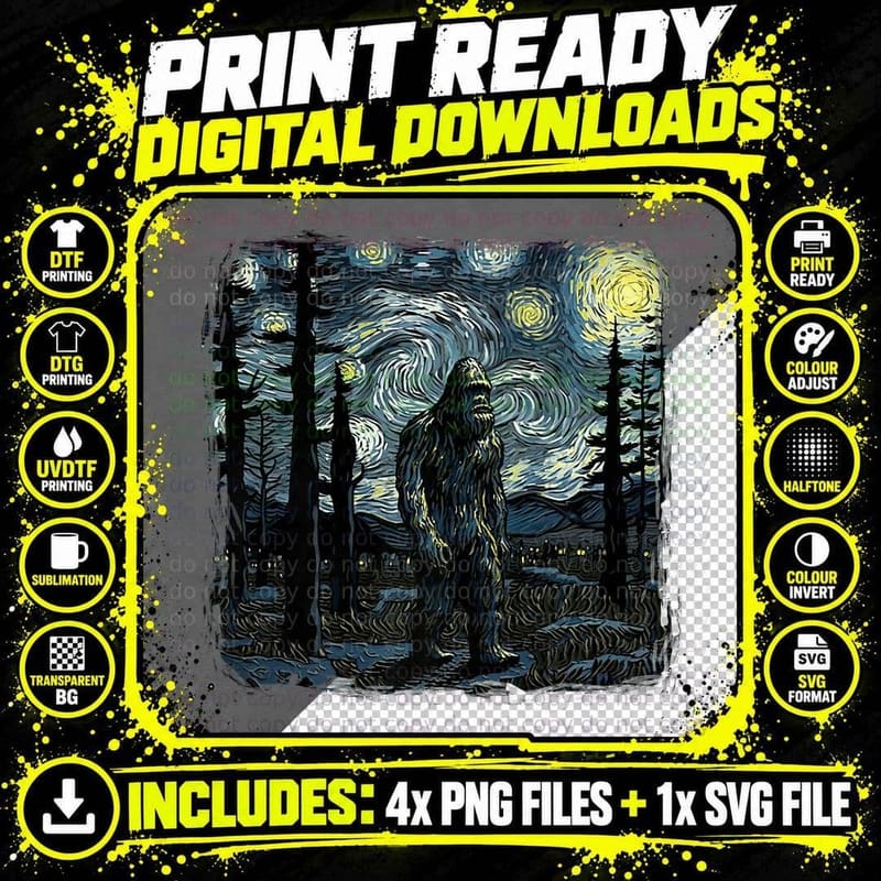 Bigfoot Starry Night Sasquatch Van Gogh Sky Painting Art Png SVG Digital Bundle