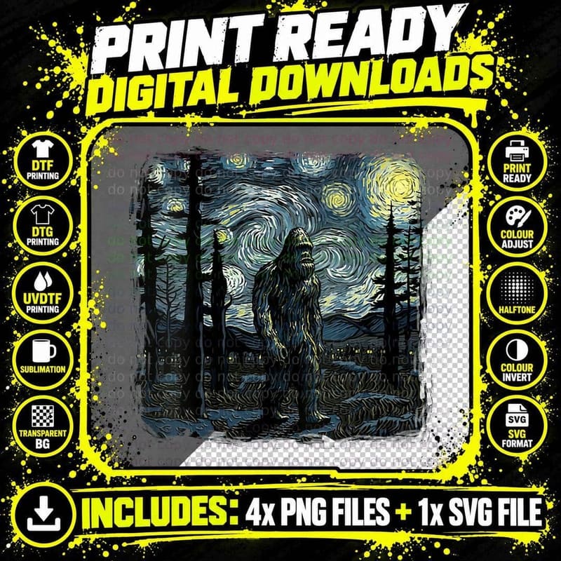 Bigfoot Starry Night Sasquatch Van Gogh Sky T-Shirt Png SVG Digital Bundle