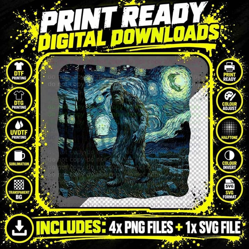 Bigfoot Starry Night Van Gogh Painting Sasquatch Art Png SVG Digital Bundle