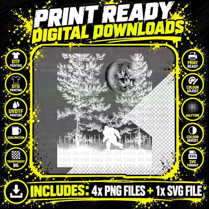 Bigfoot Walking in the Forest Moon Night Sky Sasquatch Png SVG Digital Bundle