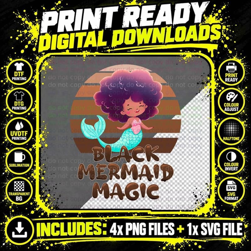 Black Mermaid Magic, Afro Mermaid T-Shirt Png SVG Digital Bundle