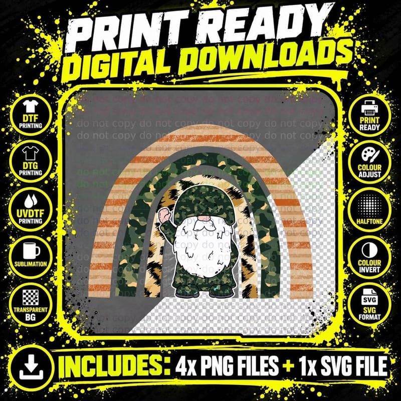Camo Gnome in Rainbow Tunnel Patriotic T-Shirt Png SVG Digital Bundle