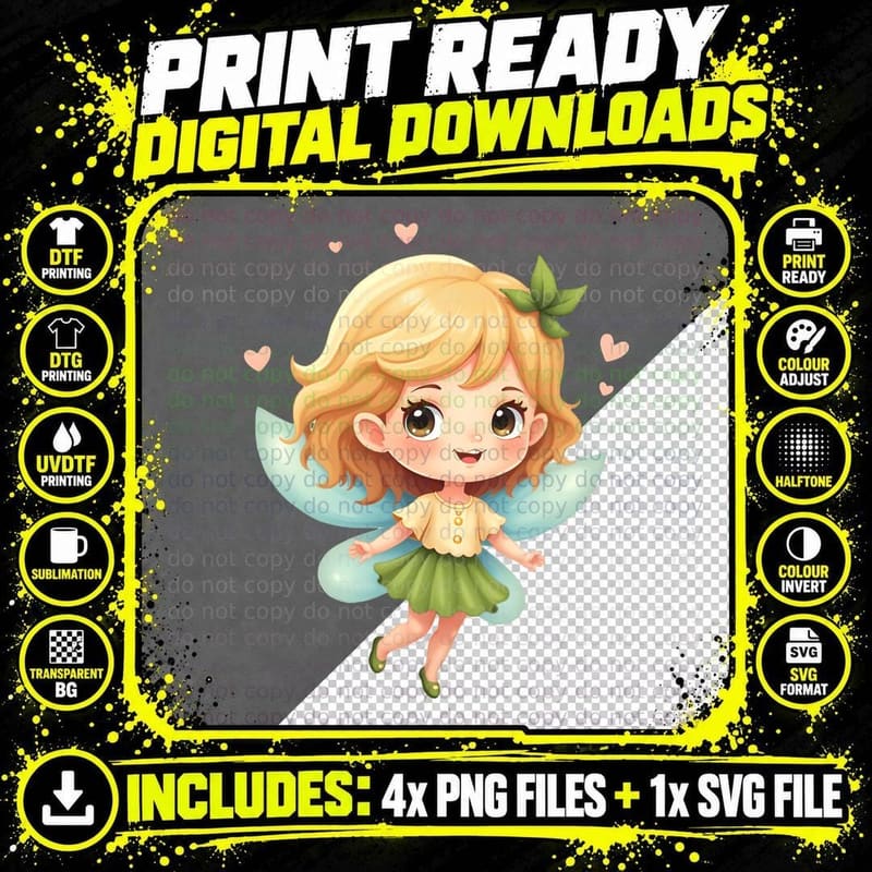 Cartoon Fairy Blonde Hair Yellow Shirt Pink Hearts Png SVG Digital Bundle